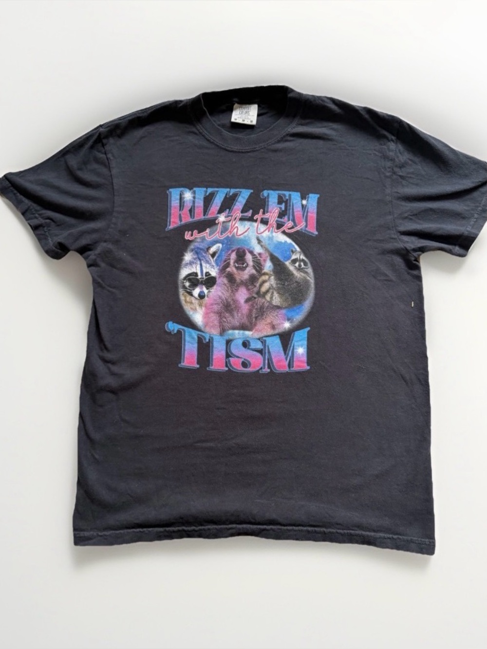 RIZZ EM WITH THE 'TISM Raccoon Graphic Tee T-Shirt M Black Meme 100% Cotton